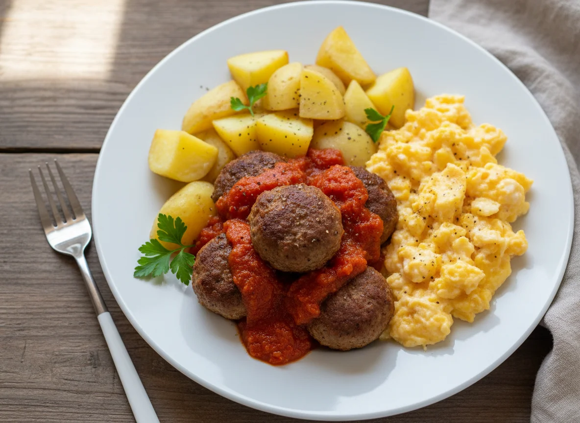 Meatballs with Potatoes and Scrambled Eggs photo