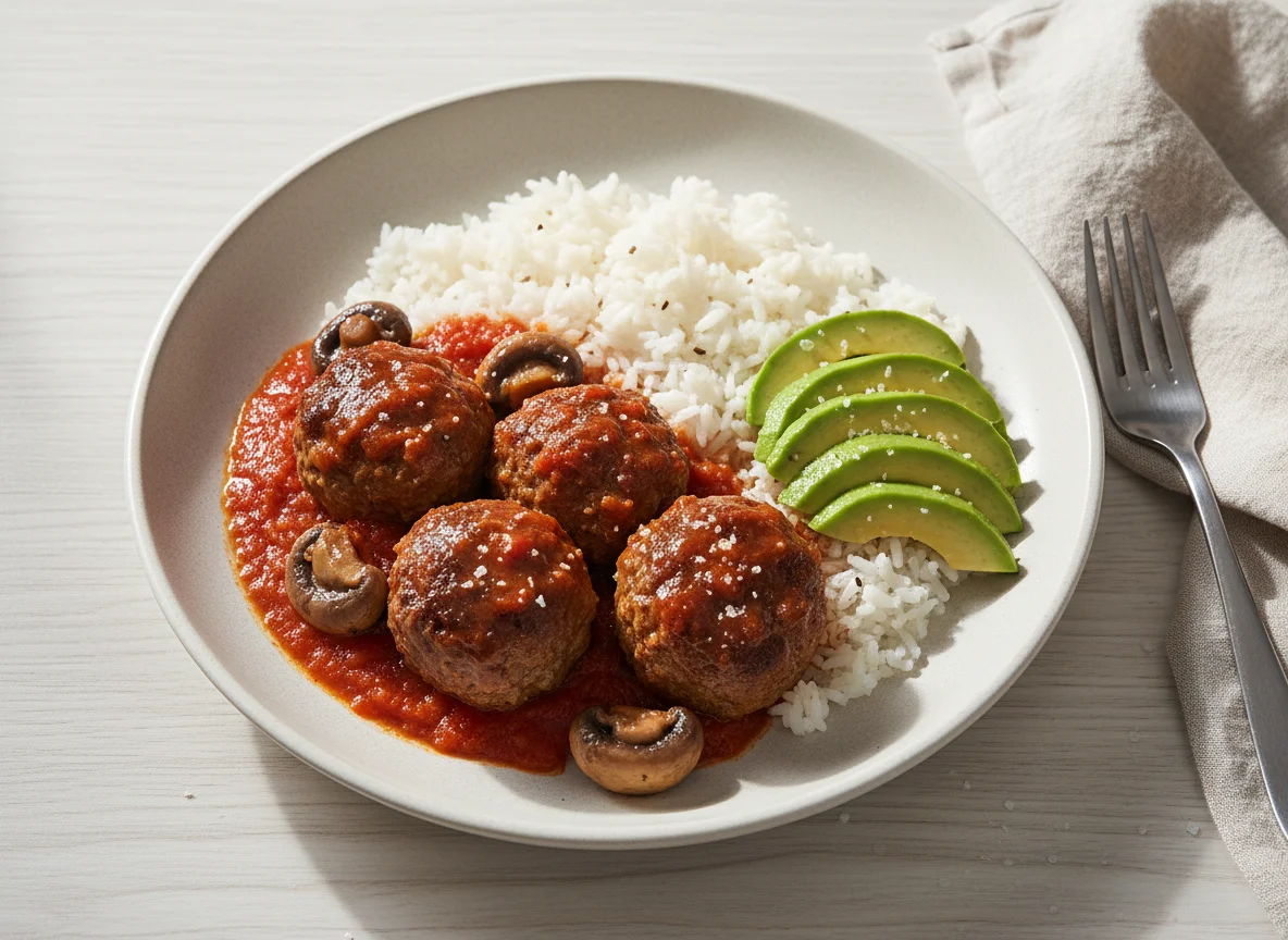 Meatballs with Rice and Avocado photo