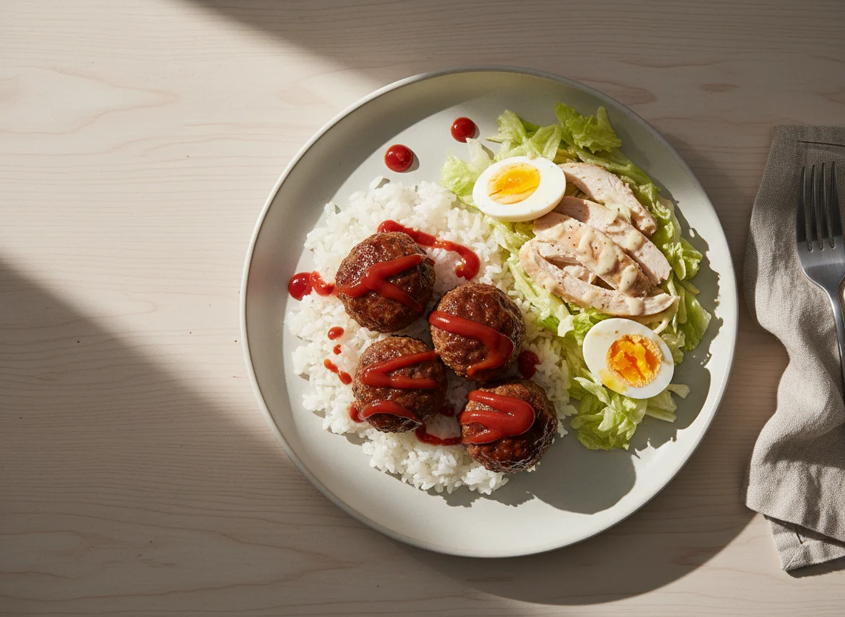 Meatballs with Rice and Chicken Salad photo
