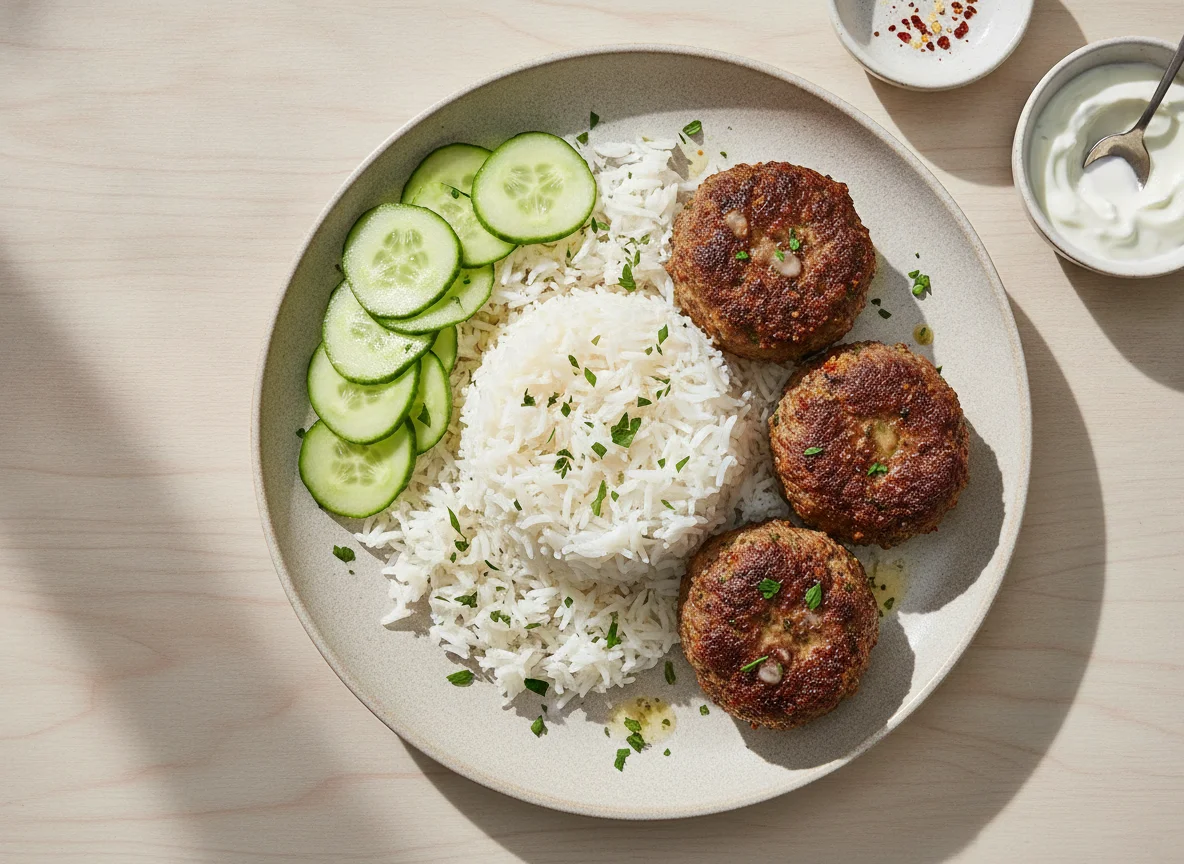 Meatballs with Rice and Cucumber photo