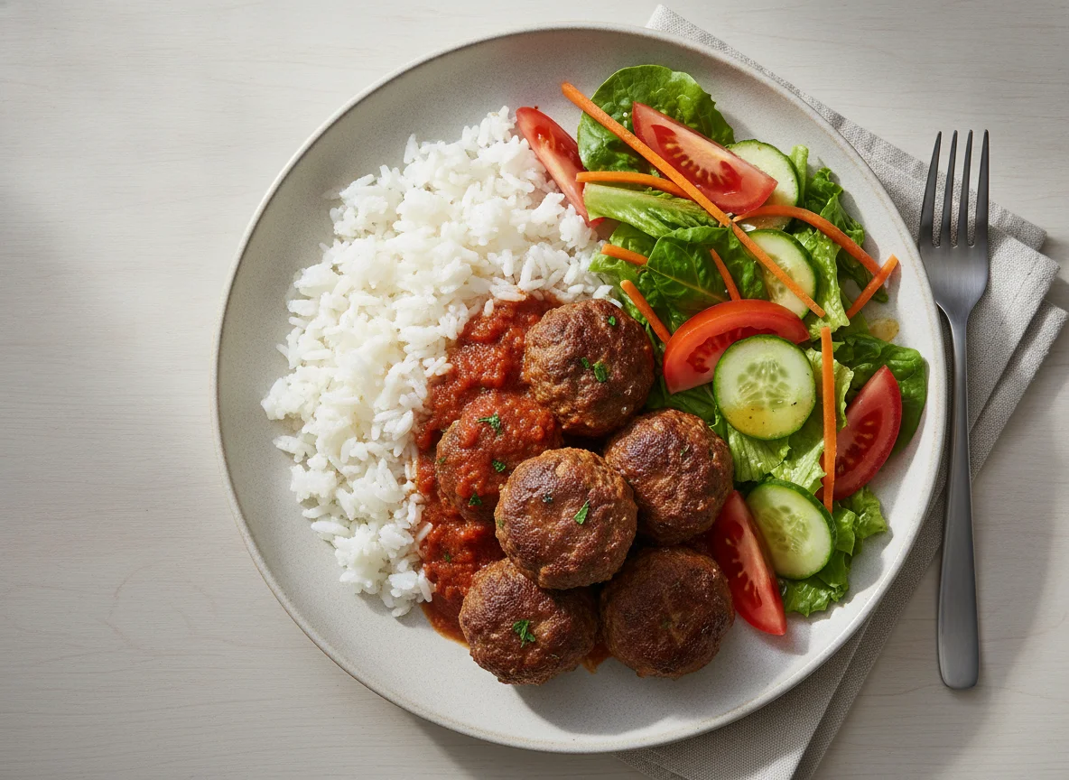 Meatballs with Rice and Fresh Salad photo