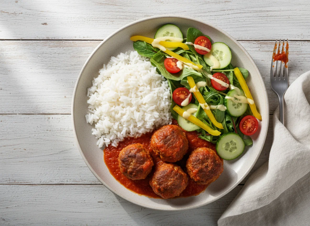 Meatballs with Rice and Salad photo