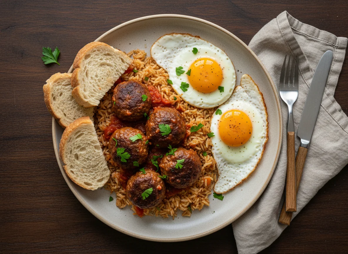 Meatballs with rice pilaf and fried eggs photo