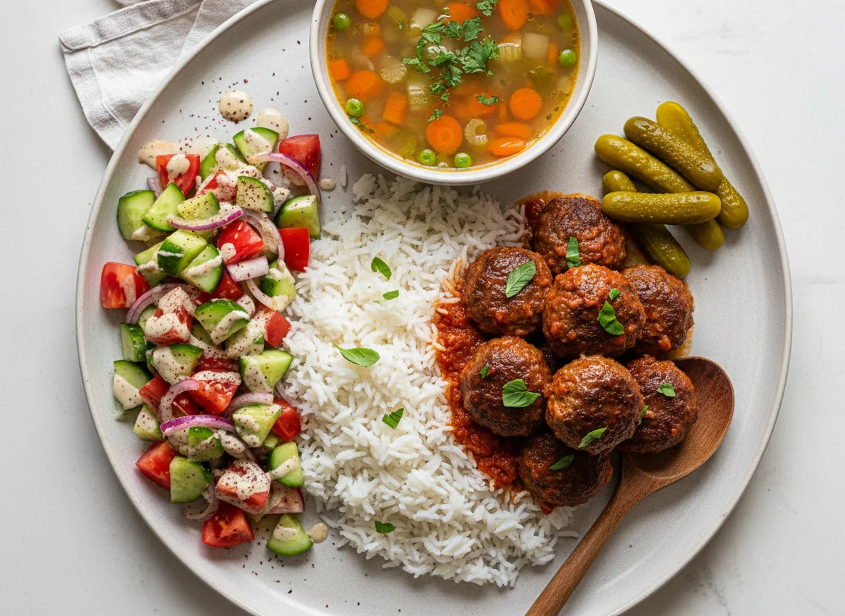 Meatballs with rice, vegetable salad, pickles and vegetable soup photo