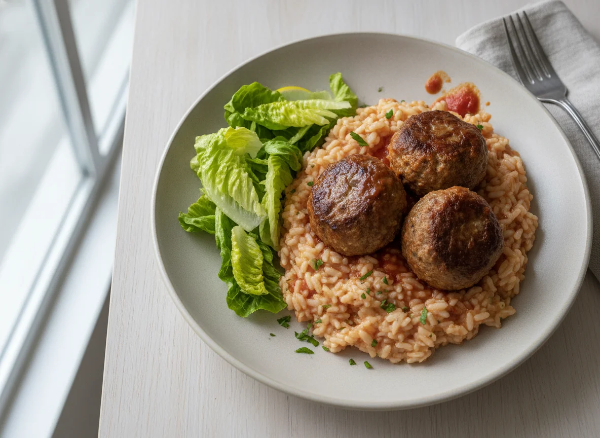 Meatballs with Risotto and Lettuce photo