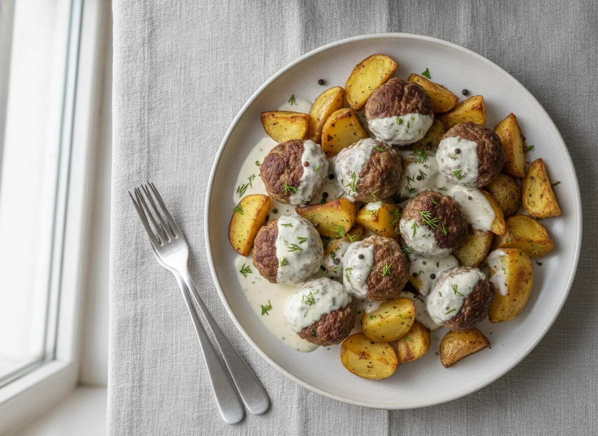 Meatballs with Roasted Potatoes and Creamy Sauce photo