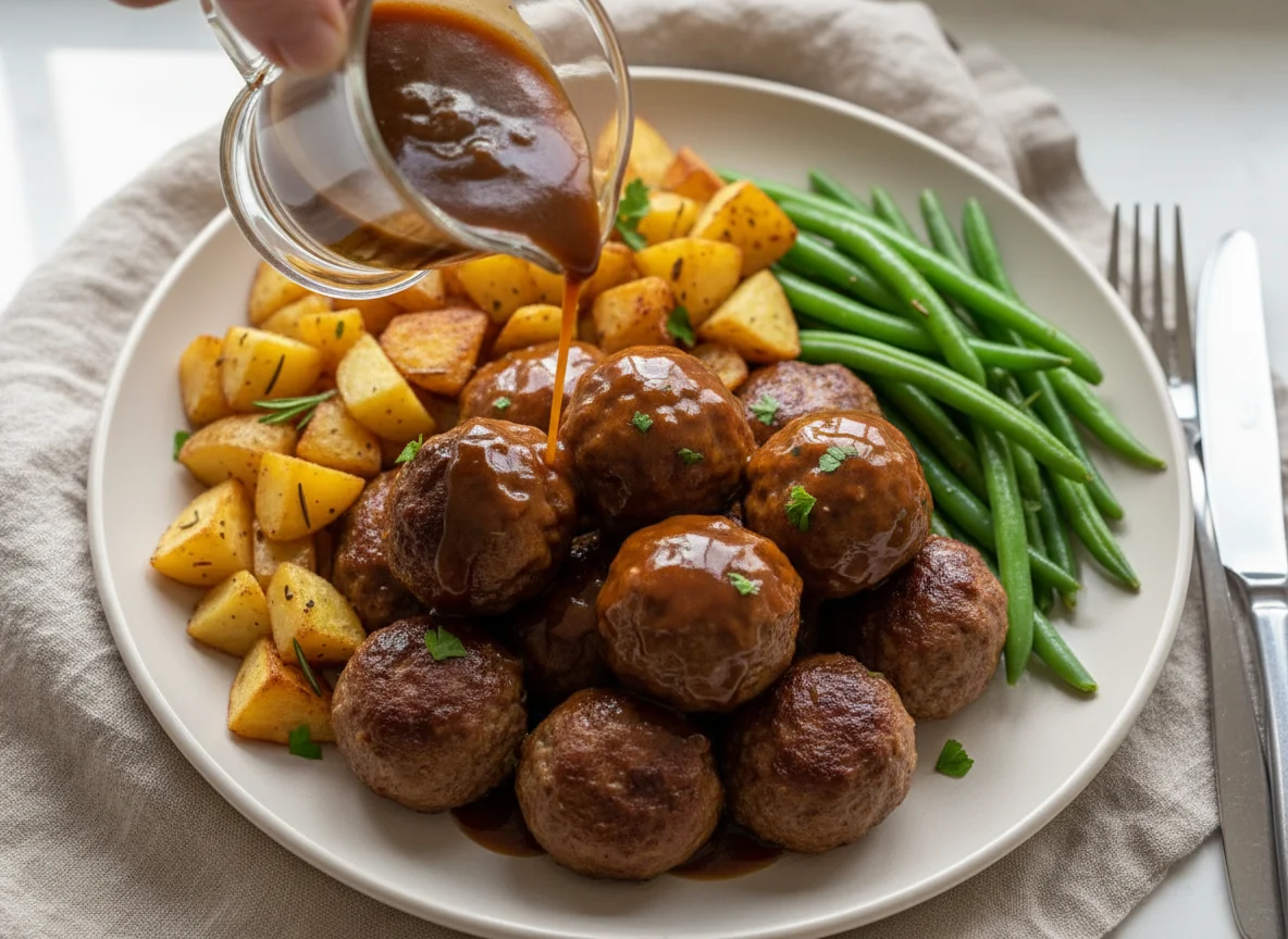 Meatballs with Roasted Potatoes, Green Beans and Gravy photo