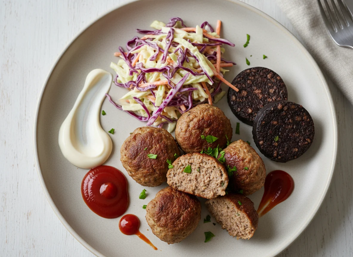 Meatballs with salad and sauces photo