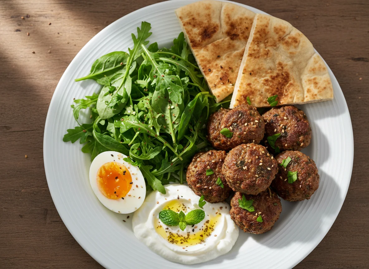 Meatballs with Salad, Pita Bread, Boiled Egg, and Yogurt photo