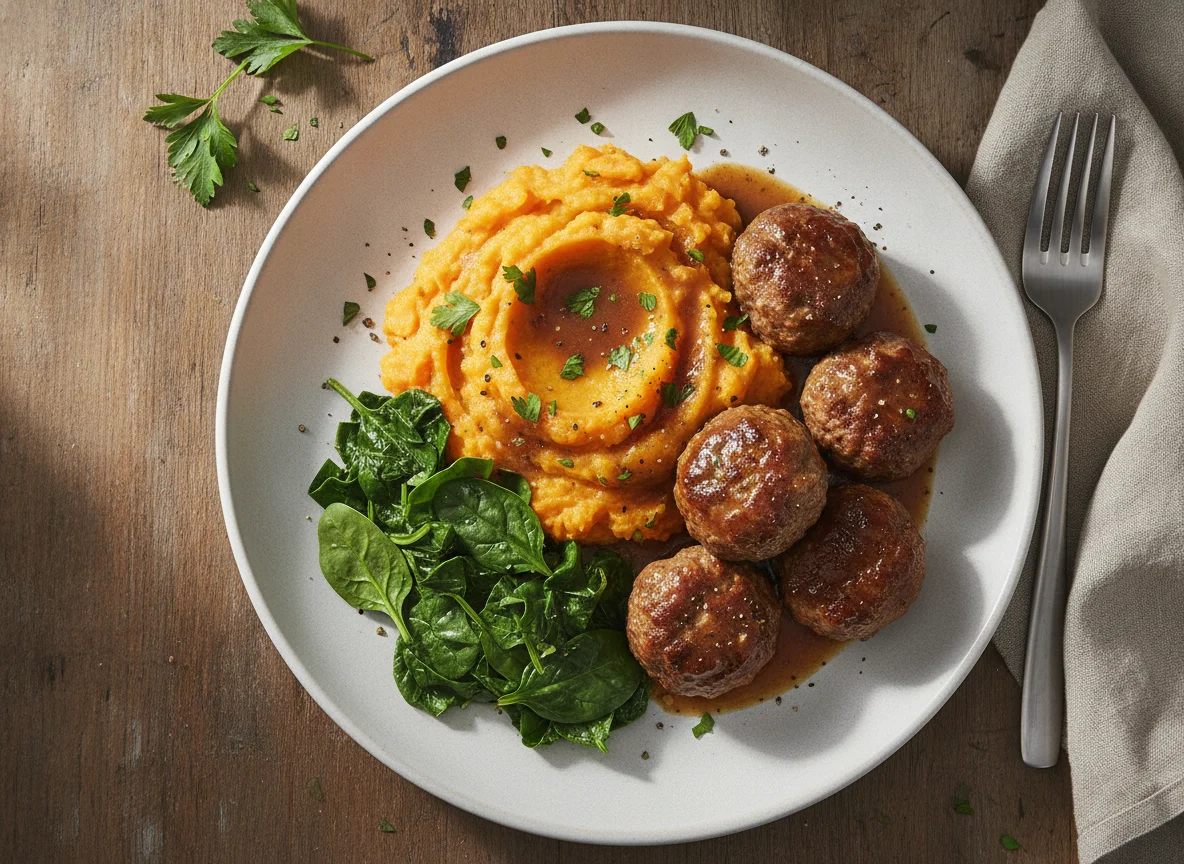 Meatballs with Sweet Potato Mash and Spinach photo