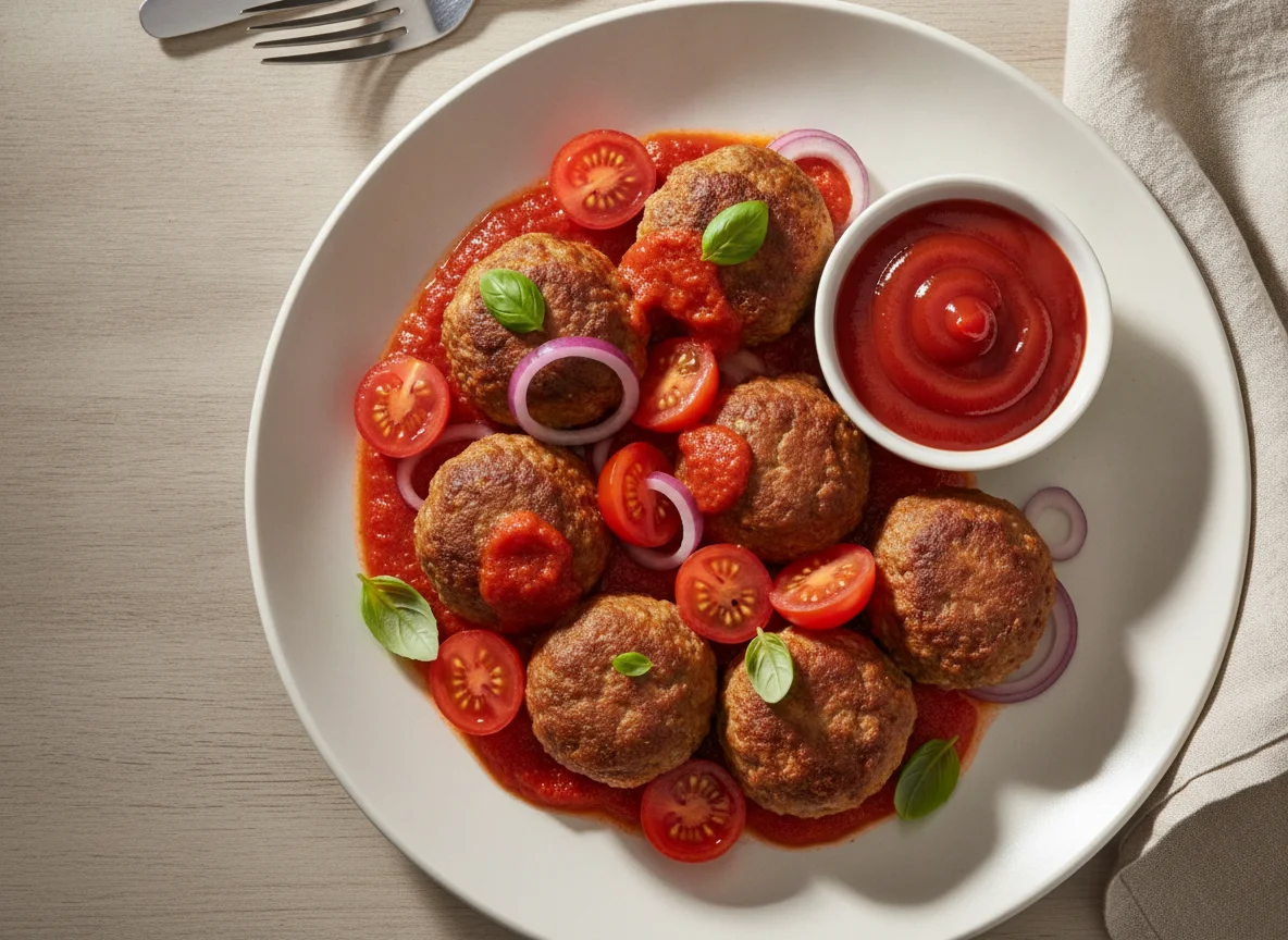 Meatballs with Tomato Salad and Ketchup photo