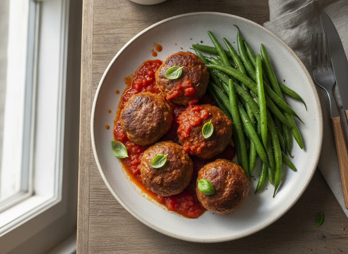 Meatballs with Tomato Sauce and Green Beans photo