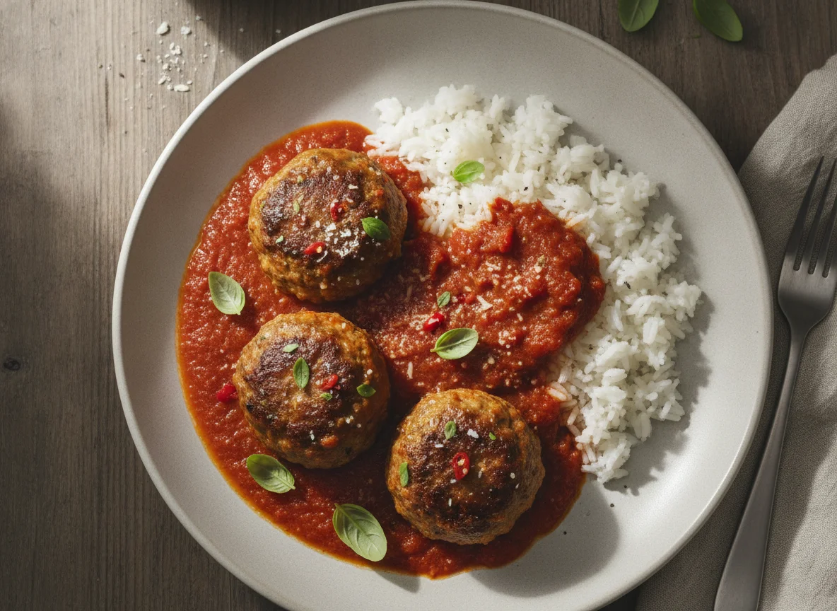 Meatballs with Tomato Sauce and Rice photo