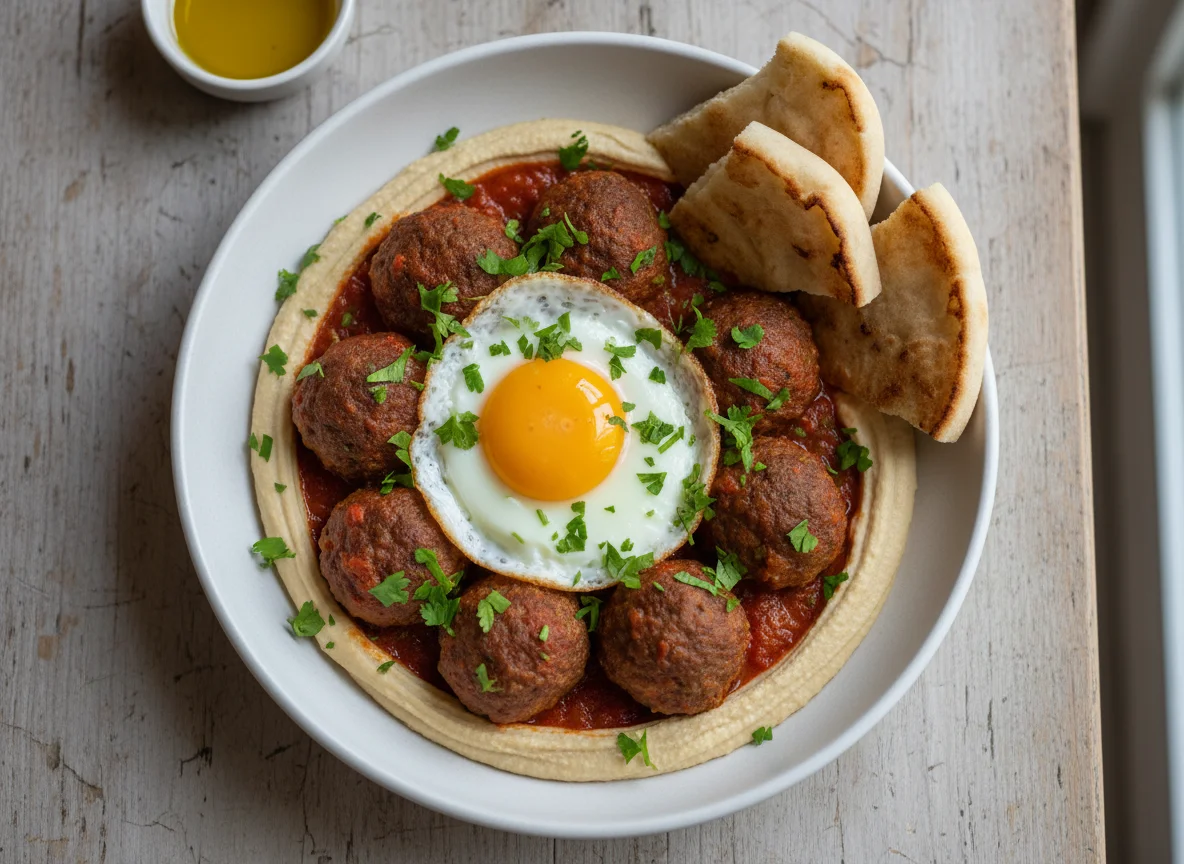 Meatballs with tomato sauce, egg and hummus photo