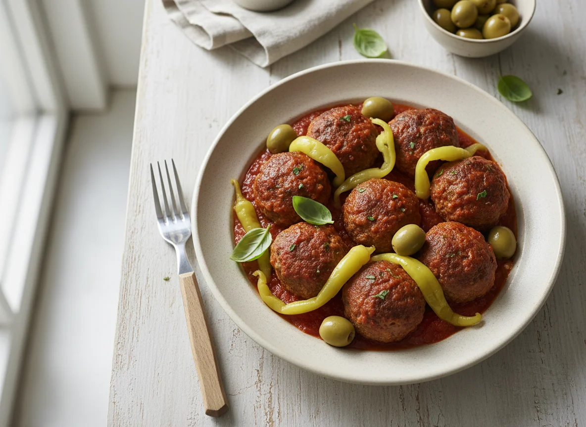 Meatballs with Tomato Sauce, Olives, and Peppers photo