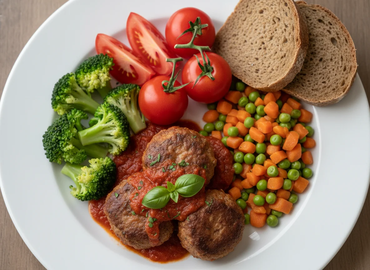 Meatballs with tomato sauce, vegetables and bread photo
