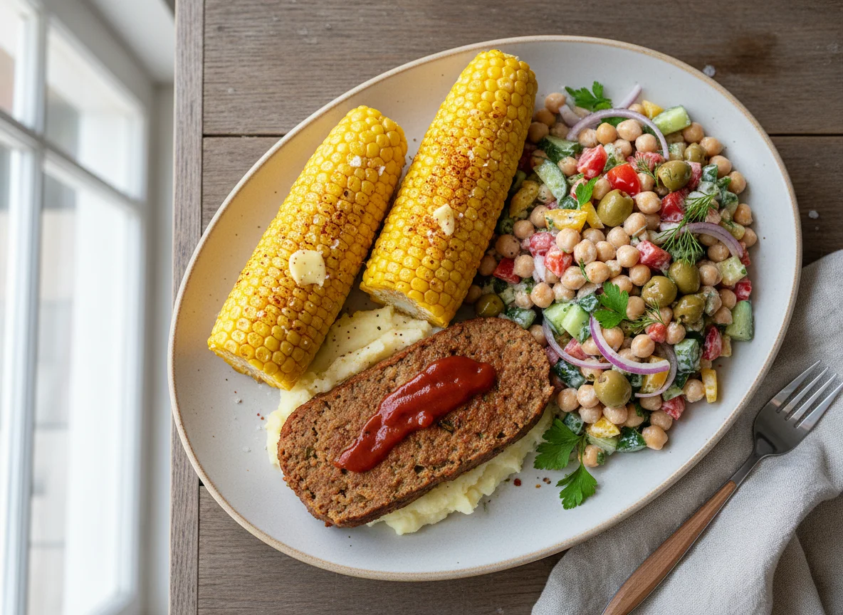 Meatloaf, Corn on the Cob, and Chickpea Salad photo