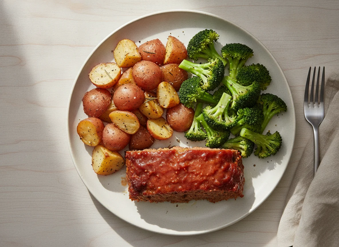 Meatloaf Dinner with Roasted Potatoes and Broccoli photo