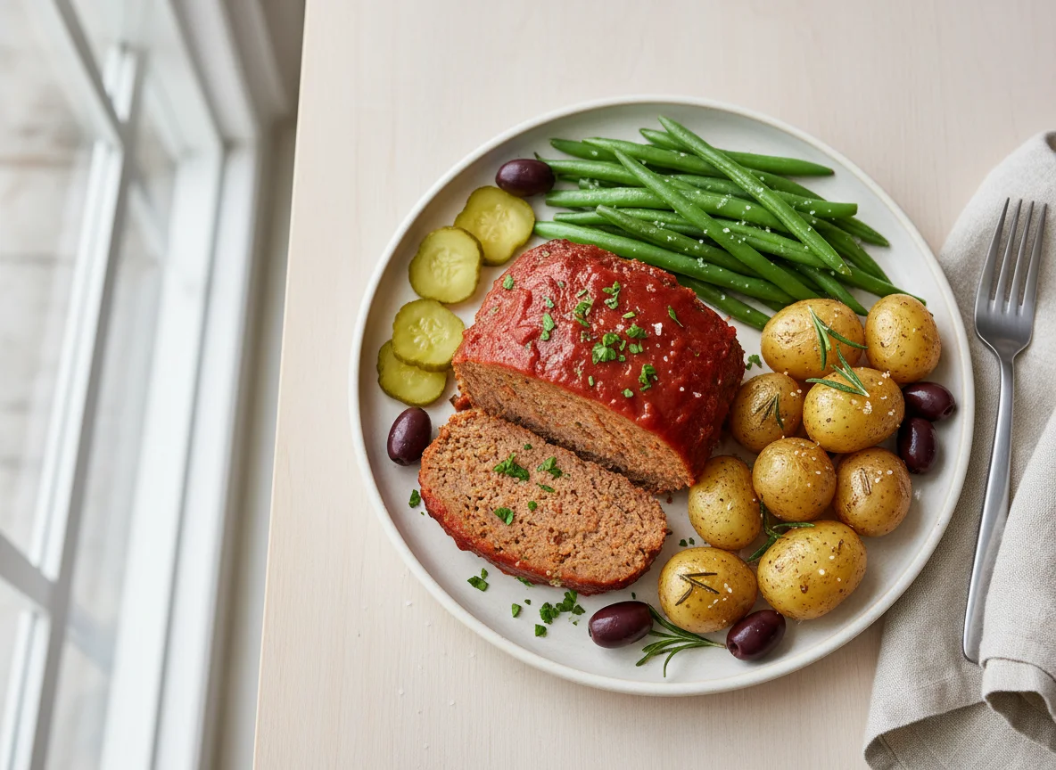 Meatloaf with Green Beans, Potatoes, Olives, and Pickles photo