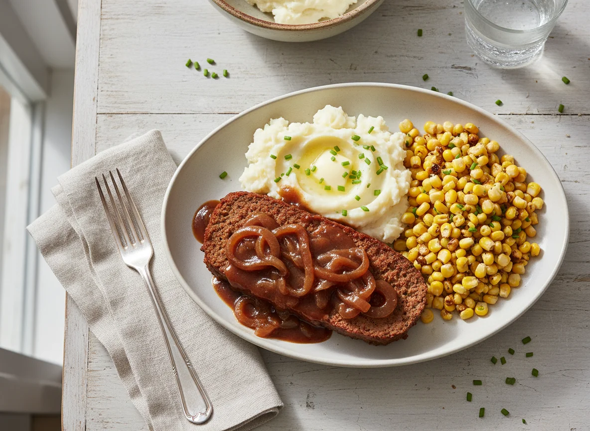 Meatloaf with Mashed Potatoes and Corn photo