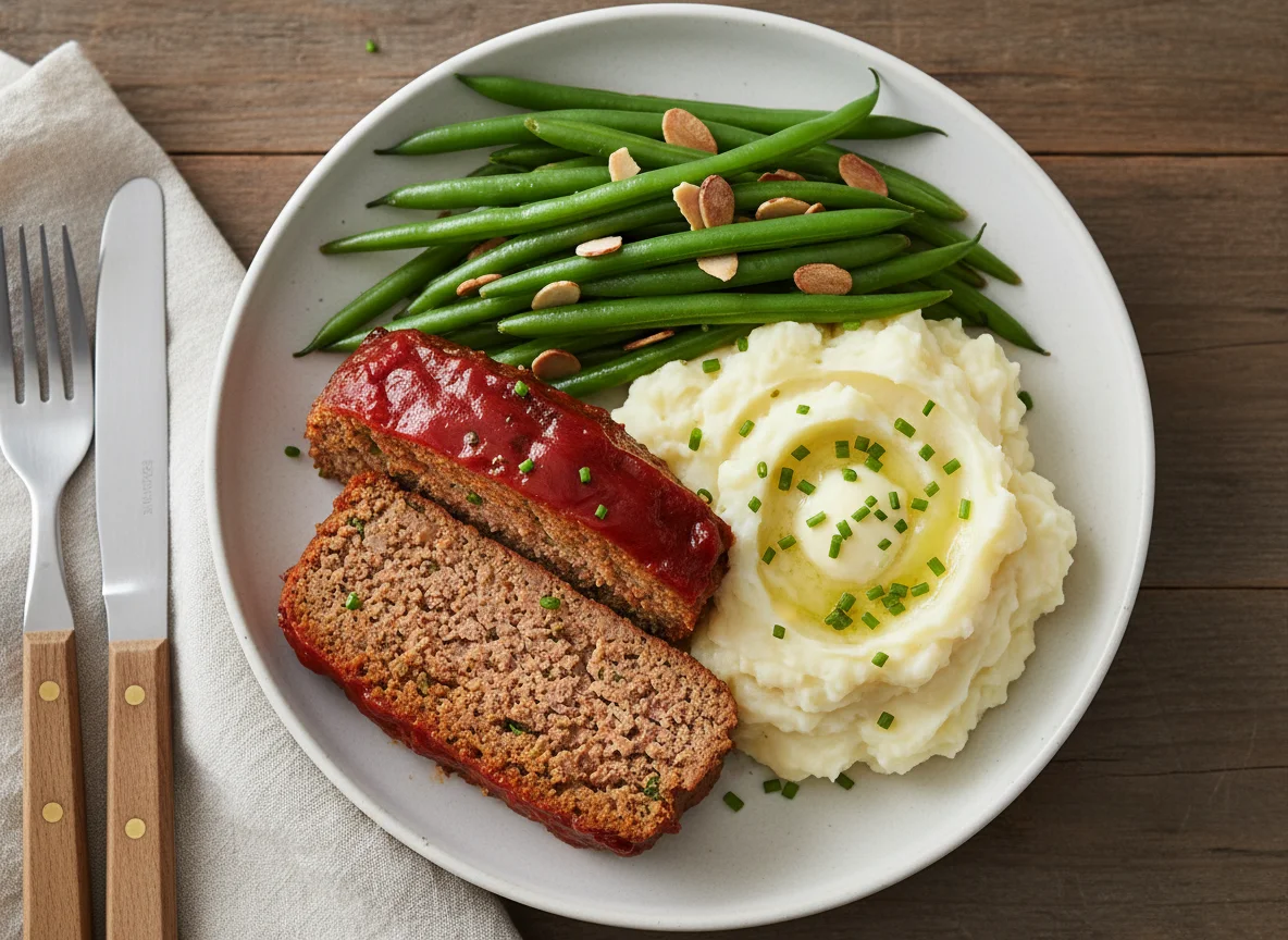 Meatloaf with Mashed Potatoes and Green Beans photo