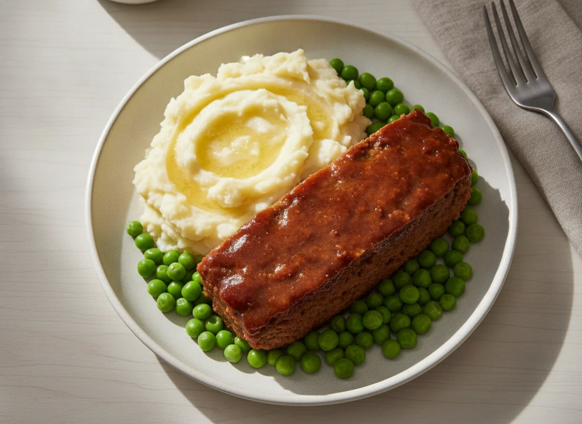 Meatloaf with Mashed Potatoes and Peas photo