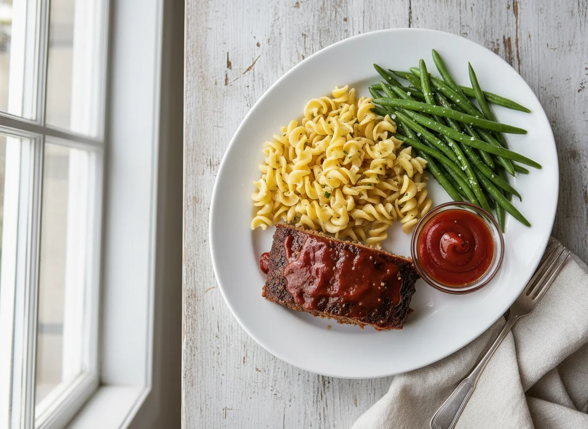 Meatloaf with Noodles and Green Beans photo