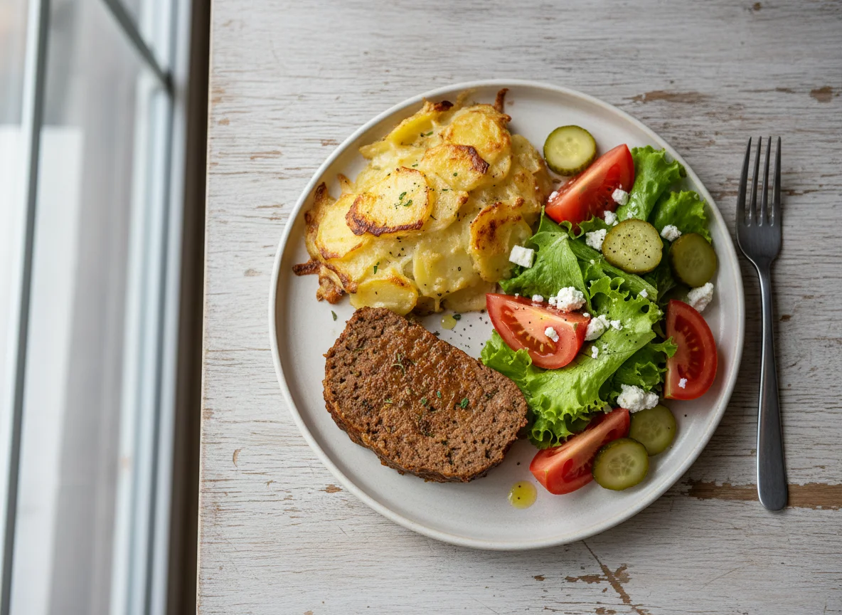 Meatloaf with potato gratin and salad photo