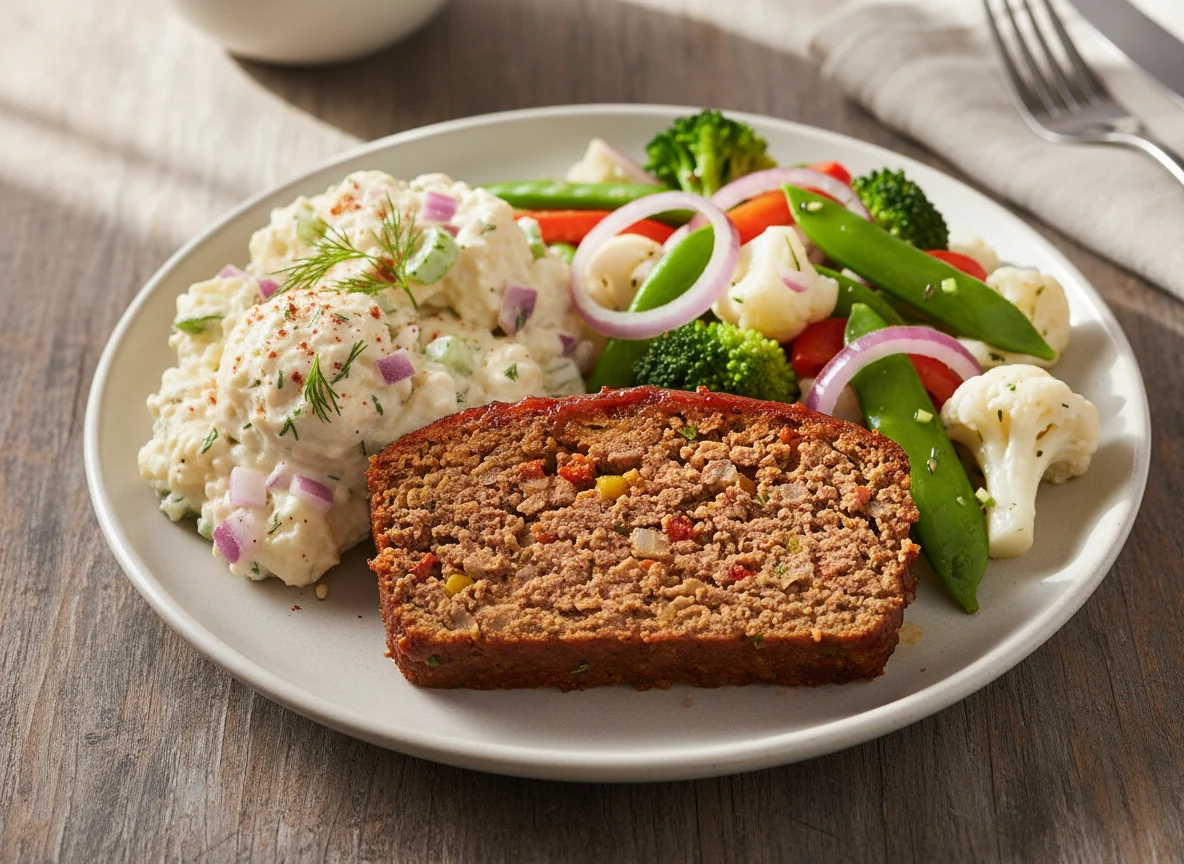 Meatloaf with Potato Salad and Vegetable Medley photo
