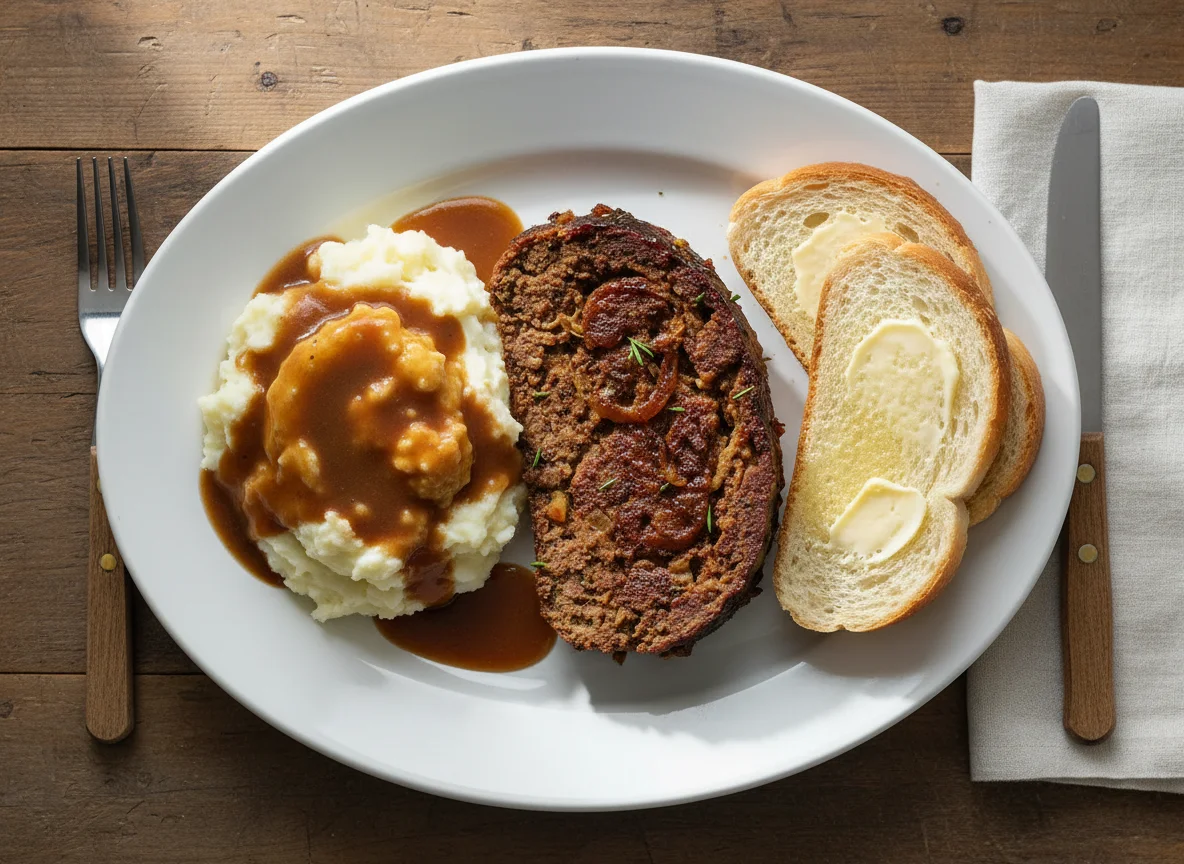 Meatloaf with Potatoes, Gravy, and Bread photo