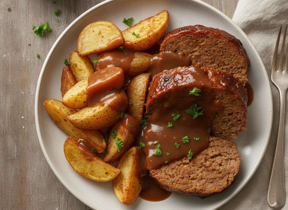 Meatloaf with roasted potatoes and brown gravy photo