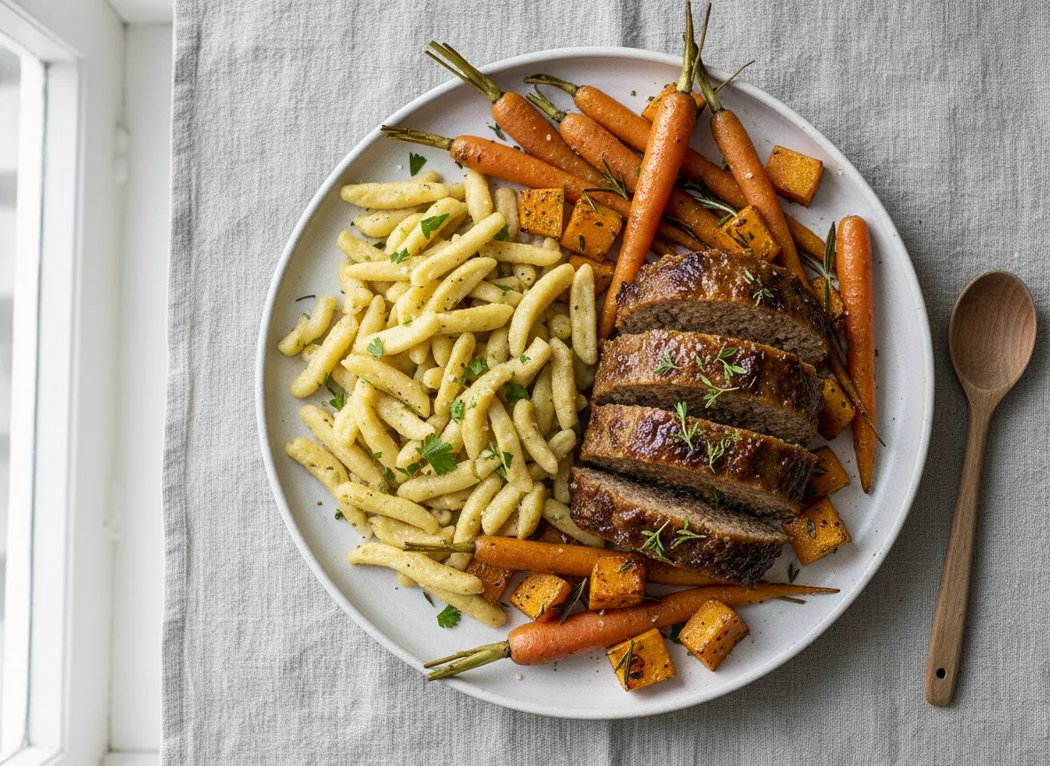 Meatloaf with Spätzle and Roasted Vegetables photo