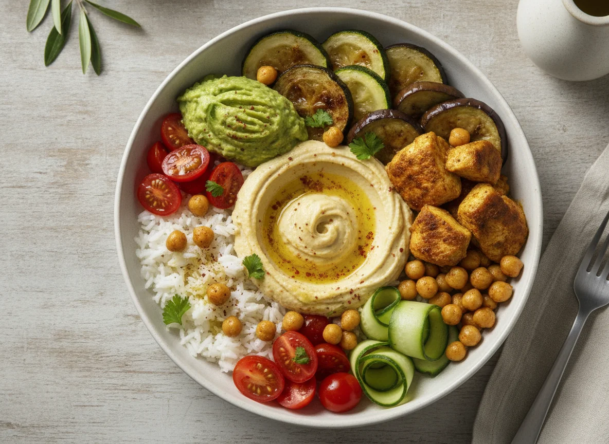 Mediterranean Buddha Bowl with Hummus and Roasted Vegetables photo