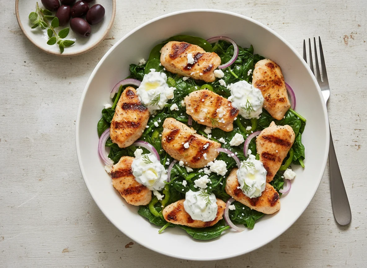 Mediterranean Chicken and Spinach Bowl photo