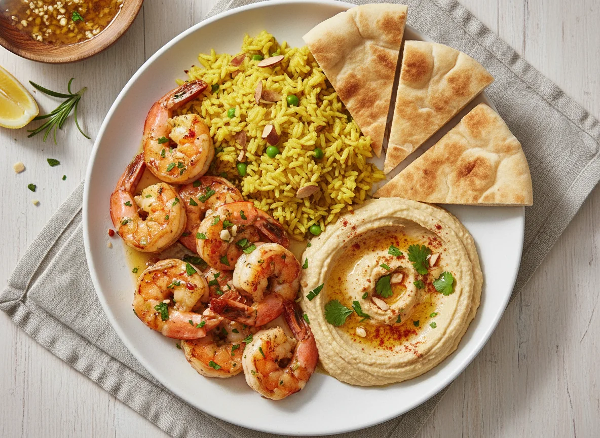 Mediterranean Prawns with Hummus and Flatbread photo
