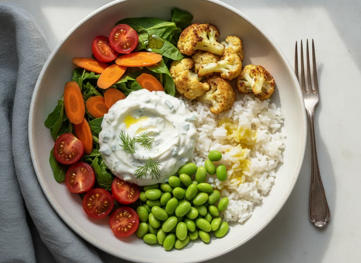 Mediterranean Rice Bowl with Tzatziki and Edamame photo