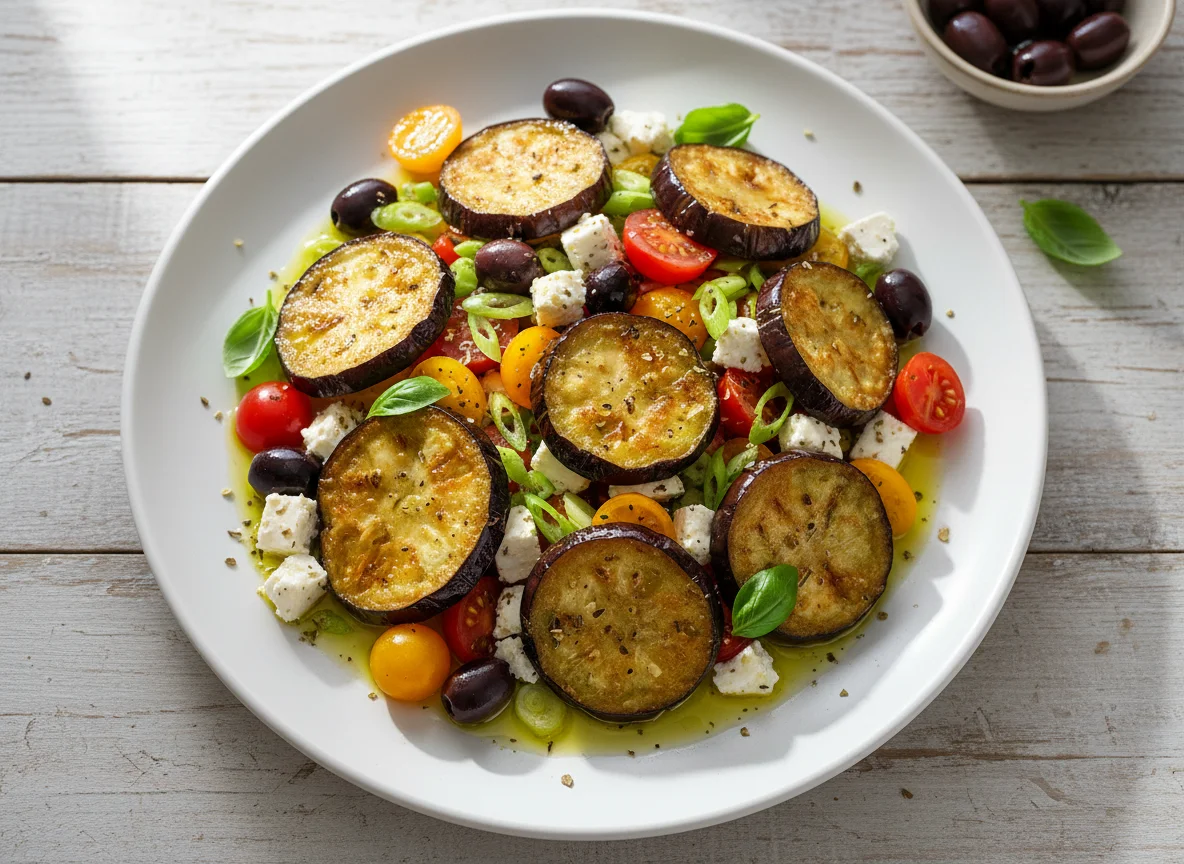 Mediterranean Salad with Fried Eggplant photo