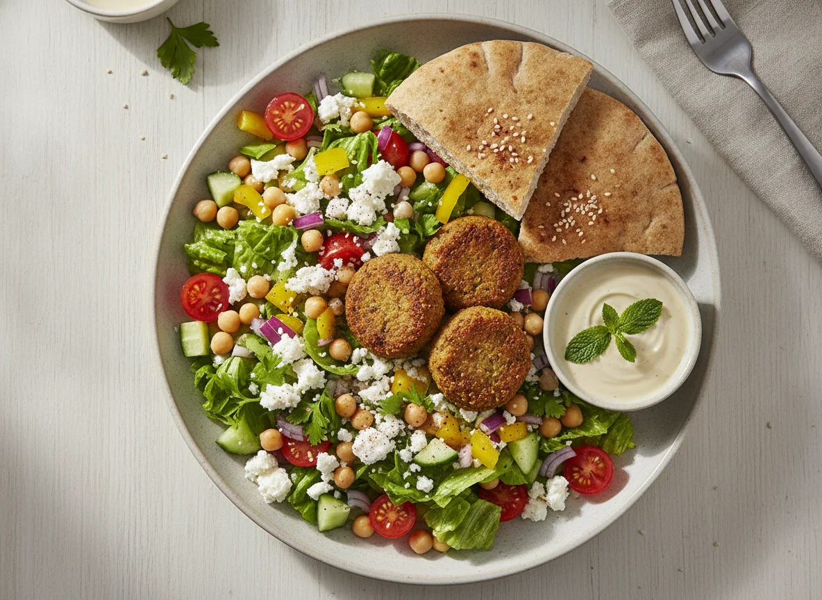 Mediterranean Salad with Wholemeal Pitta and Falafel photo