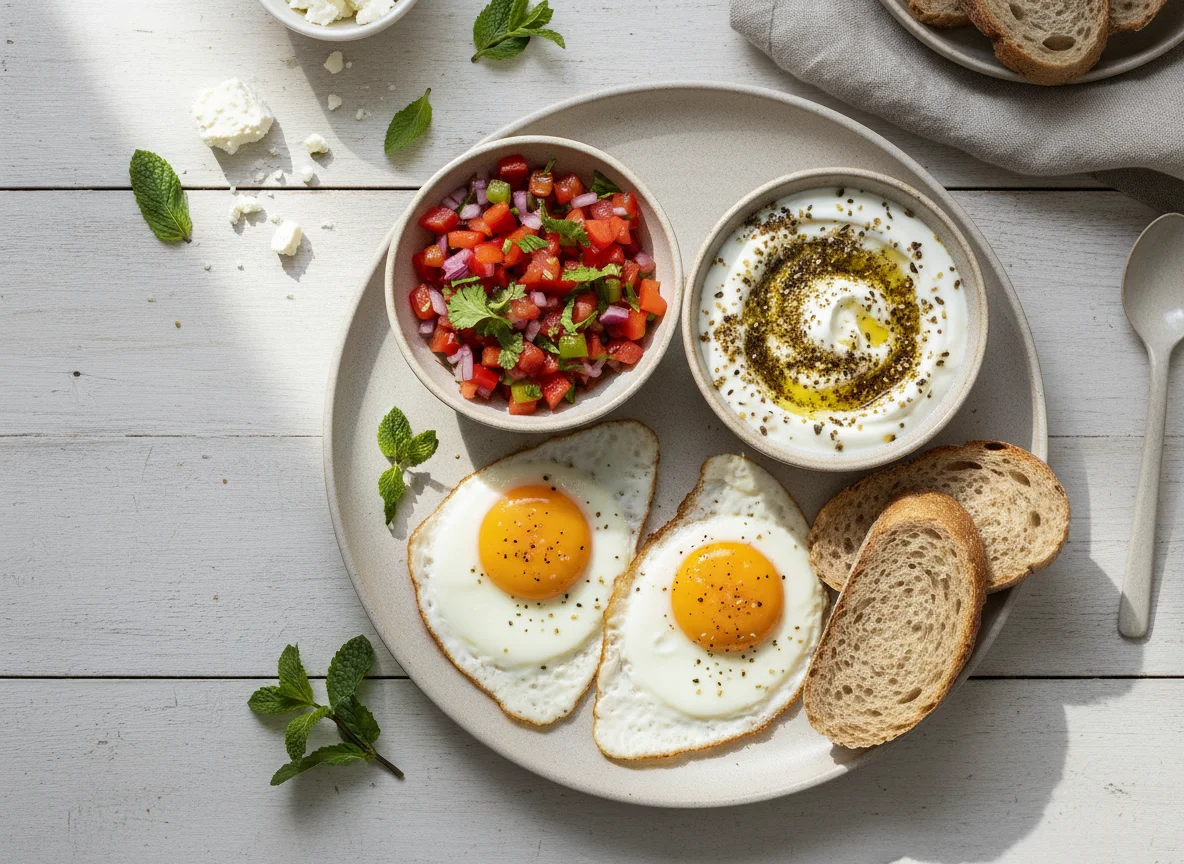 Mediterranean style breakfast with eggs, salsa, yogurt, and bread photo