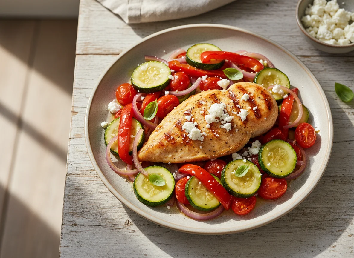 Mediterranean Style Feta Chicken with Zucchini & Grape Tomatoes photo
