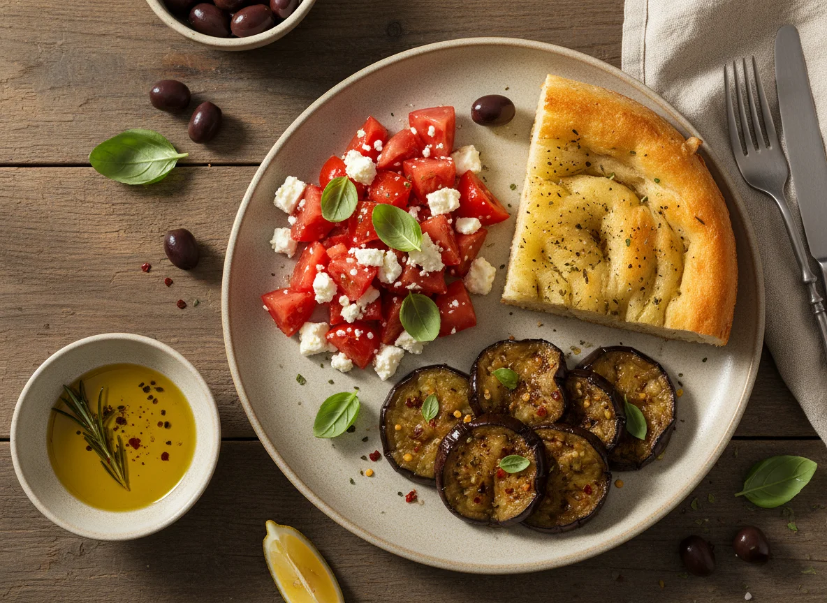 Mediterranean style meal with bread and vegetables photo