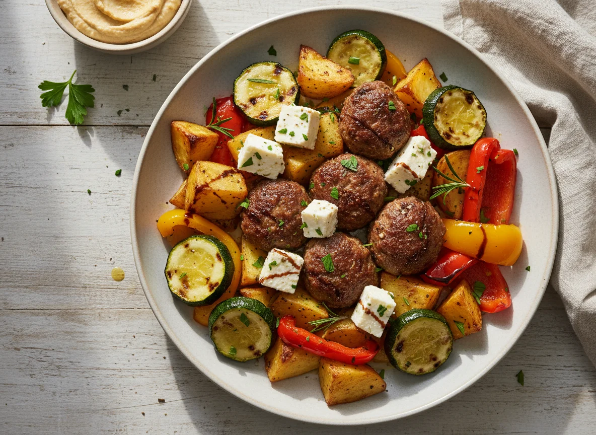 Mediterranean style meal with meatball, feta, and roasted vegetables photo
