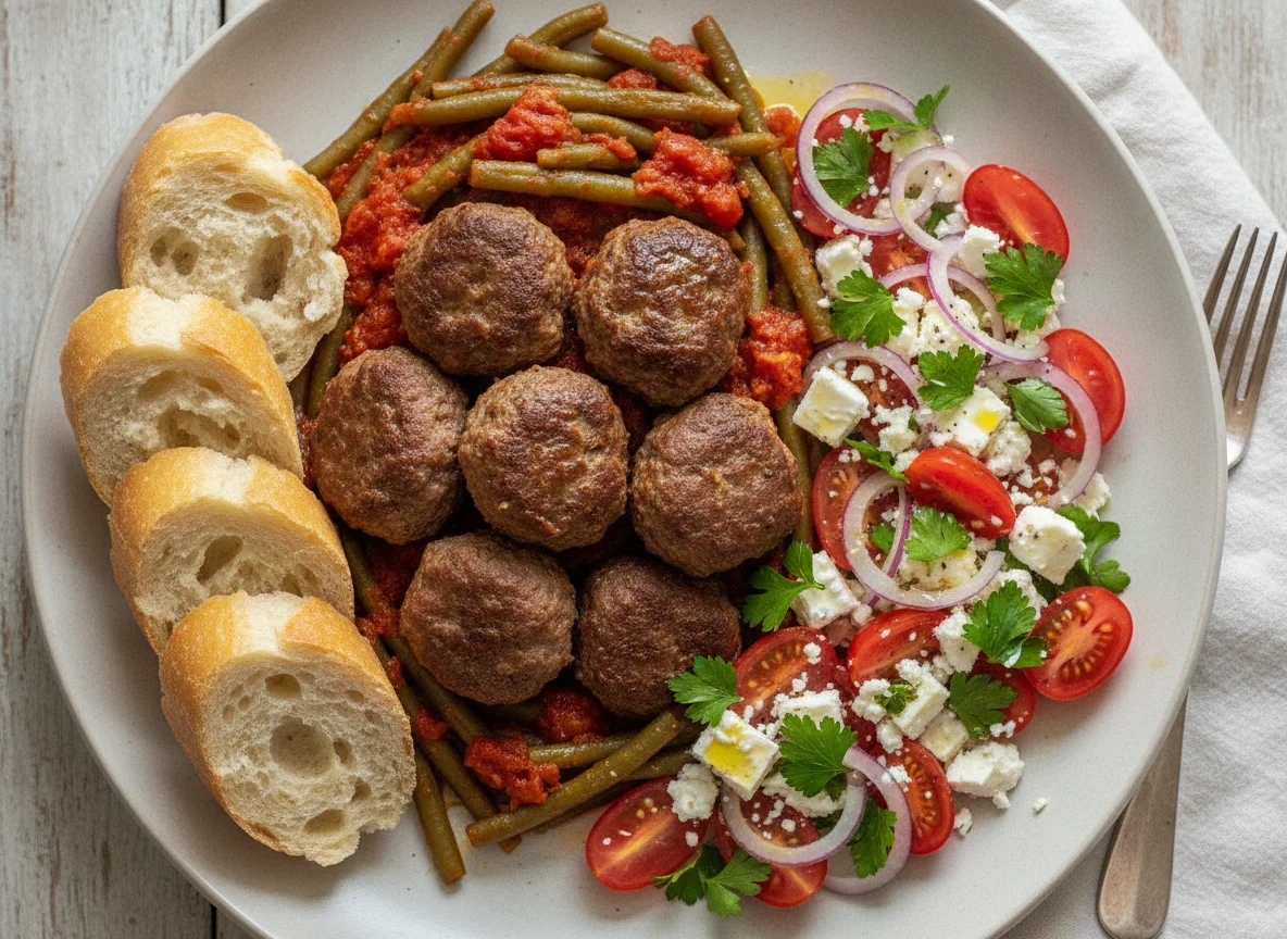 Mediterranean style meal with meatballs, green beans, salad and bread photo