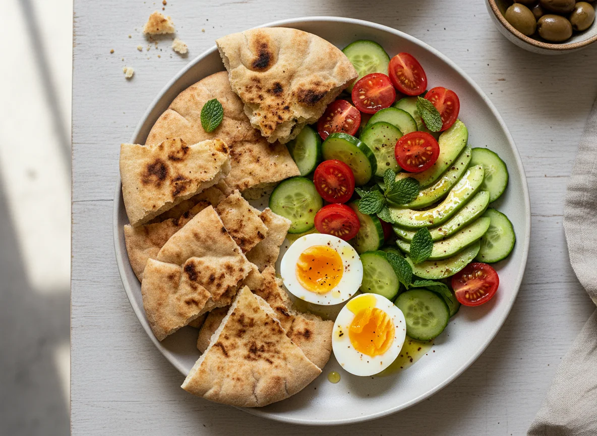 Mediterranean style meal with pita, eggs, and salad photo