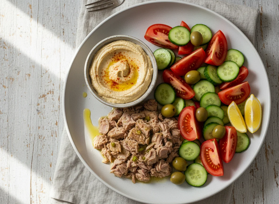 Mediterranean style meal with tuna, salad, hummus and olives photo