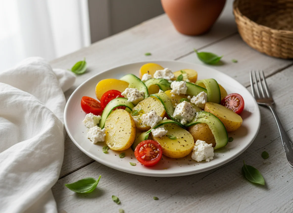 Mediterranean Style Plate with Potatoes and Cheese photo