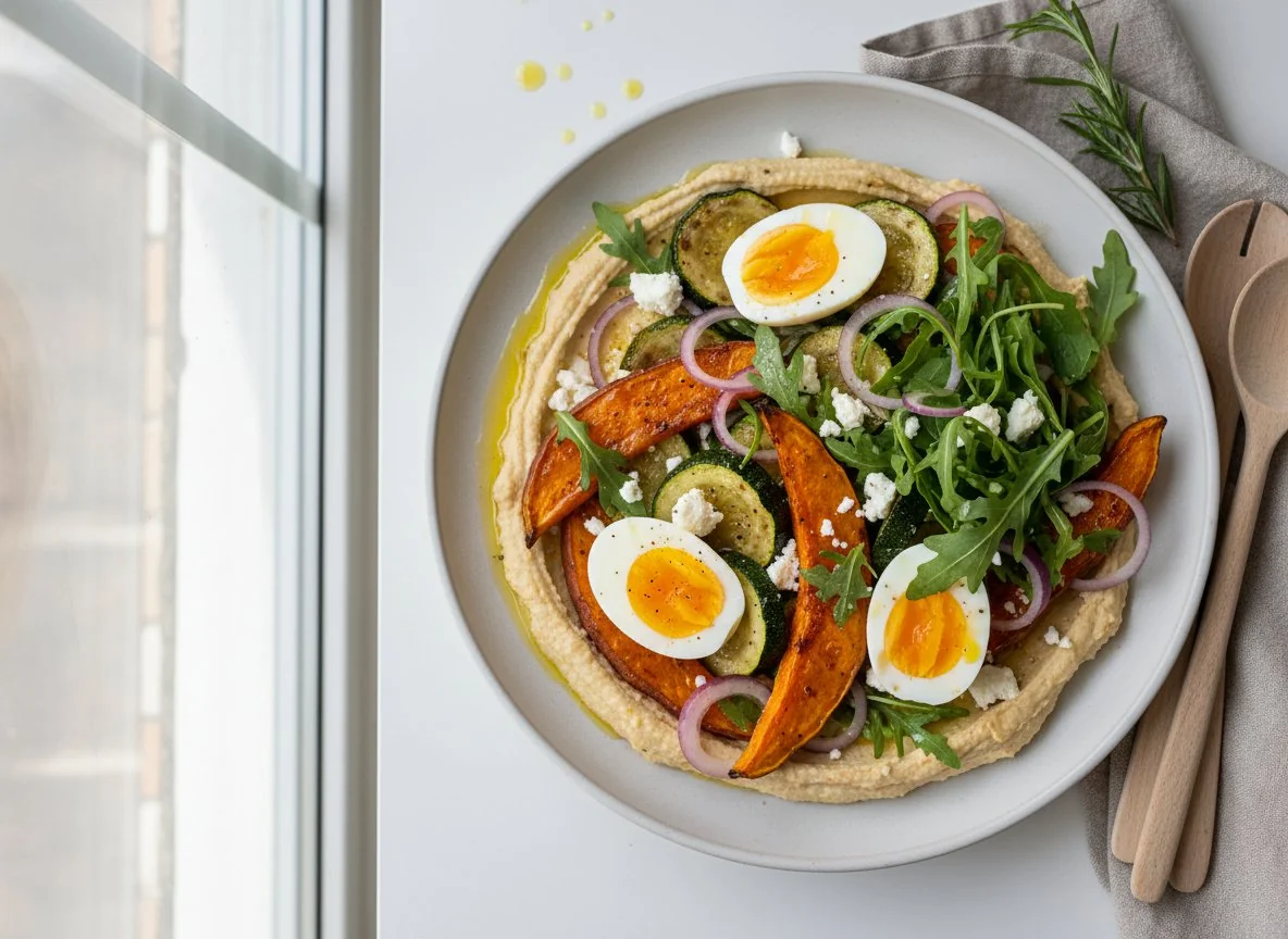 Mediterranean style salad with roasted vegetables and egg photo