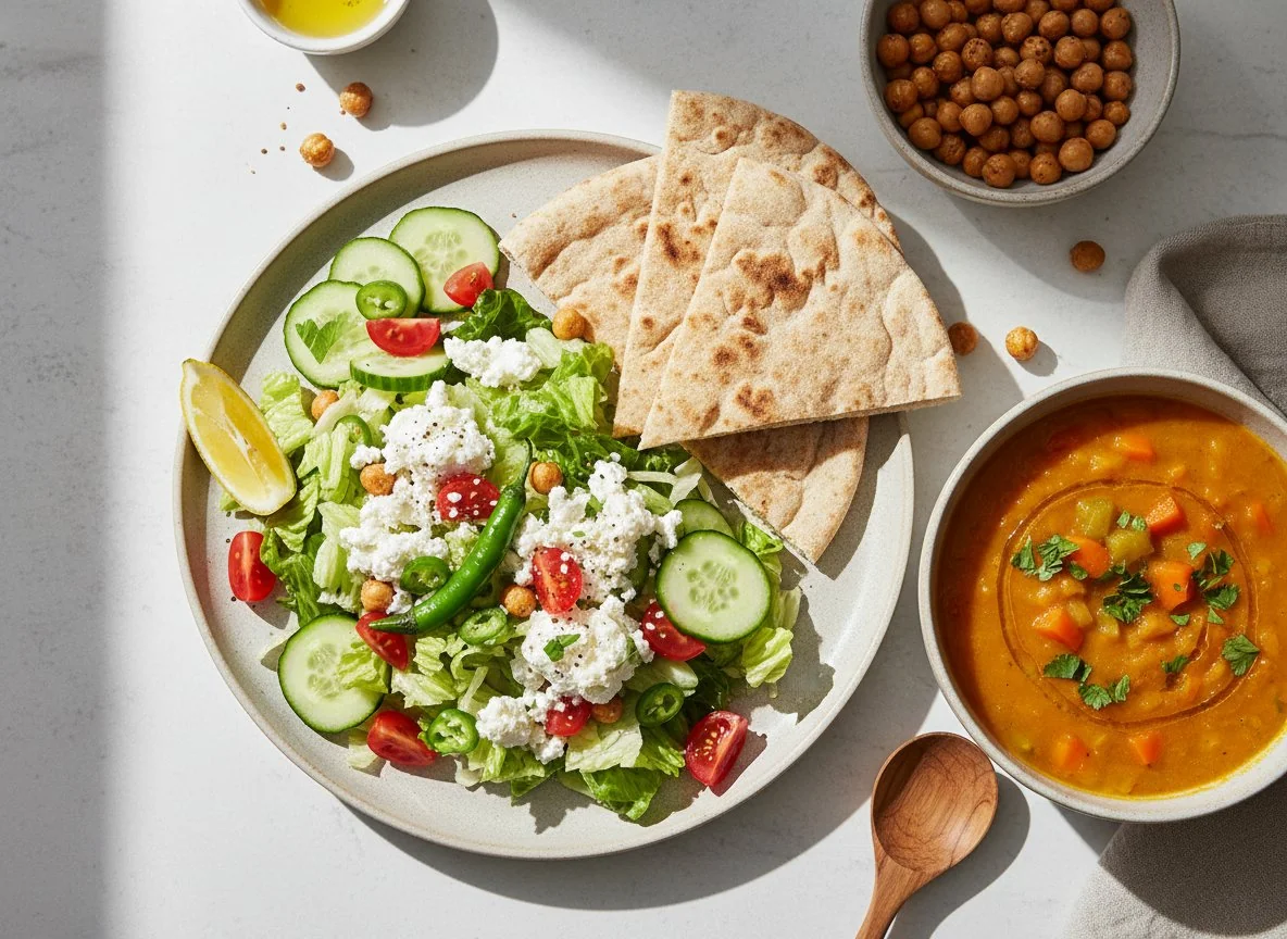 Mediterranean-style meal with salad, cheese, chickpeas, and soup photo