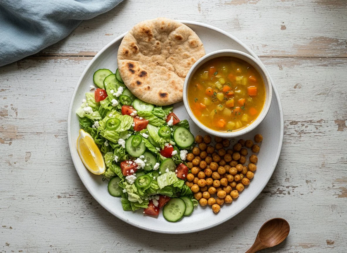 Mediterranean-style meal with salad, chickpeas, and soup photo