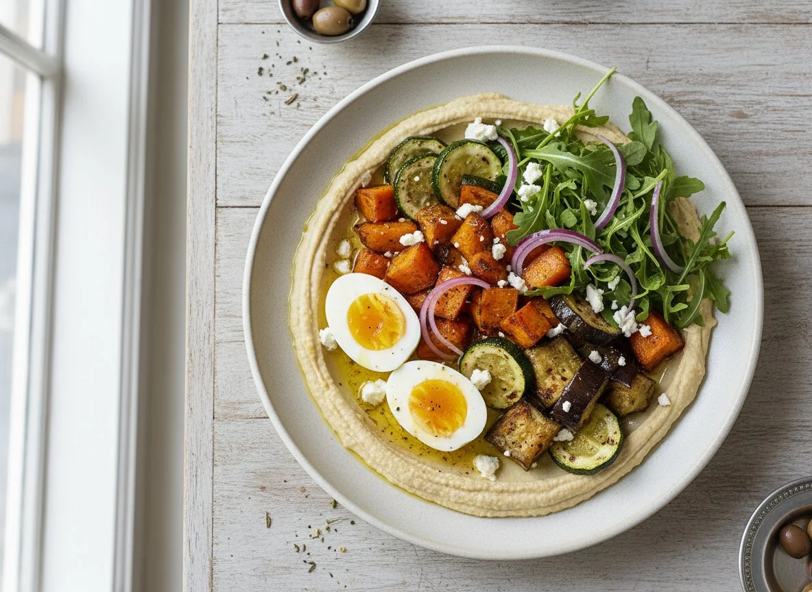 Mediterranean-style Roasted Vegetable and Hummus Bowl photo